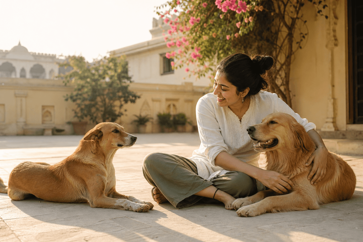 A woman sharing a sunny Jaipur courtyard with two dogs