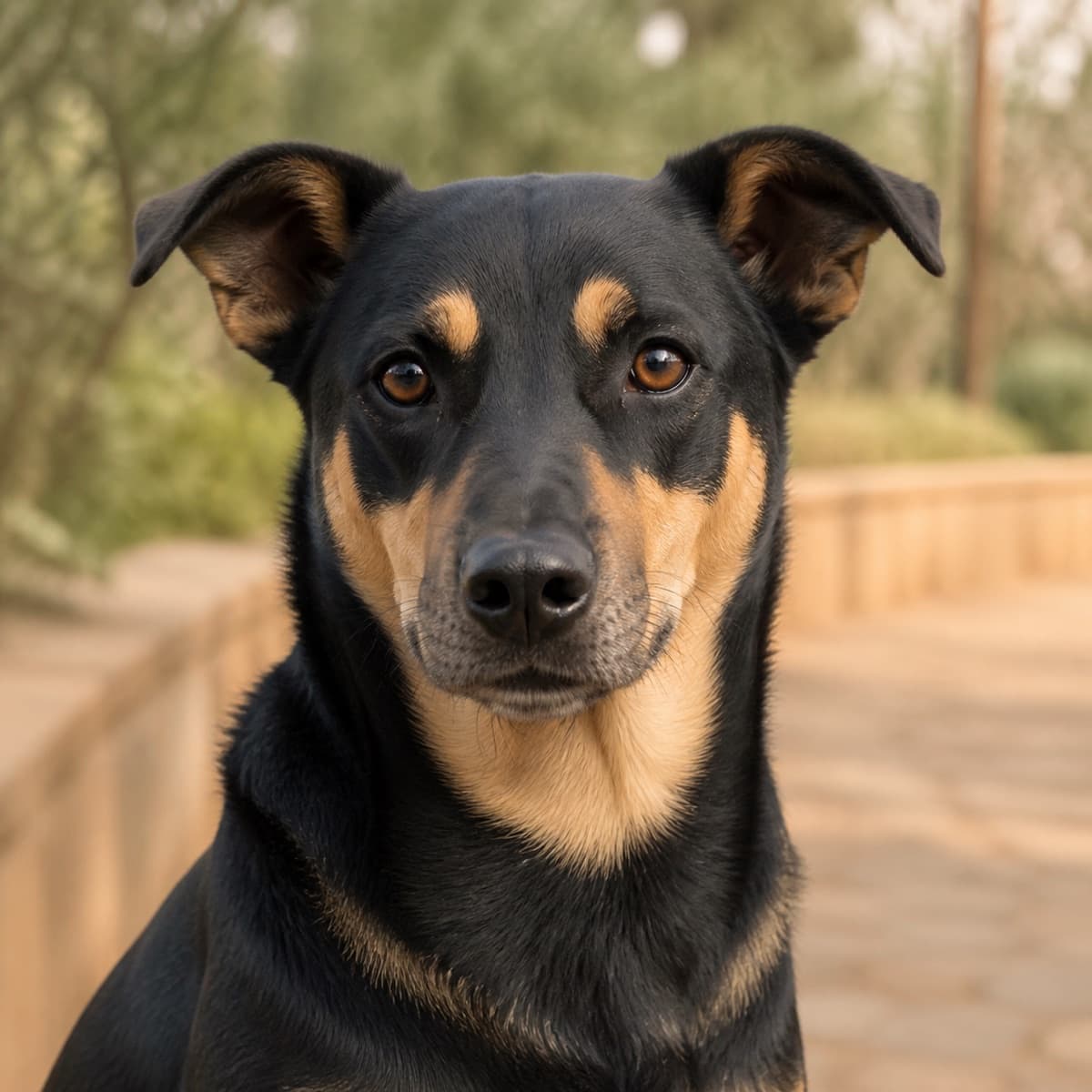 Fictional demo portrait of Bunty, a black-and-tan male Indie dog