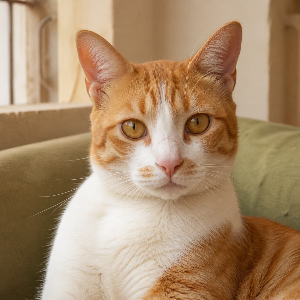 Fictional demo portrait of Mango, a ginger-and-white Indie cat